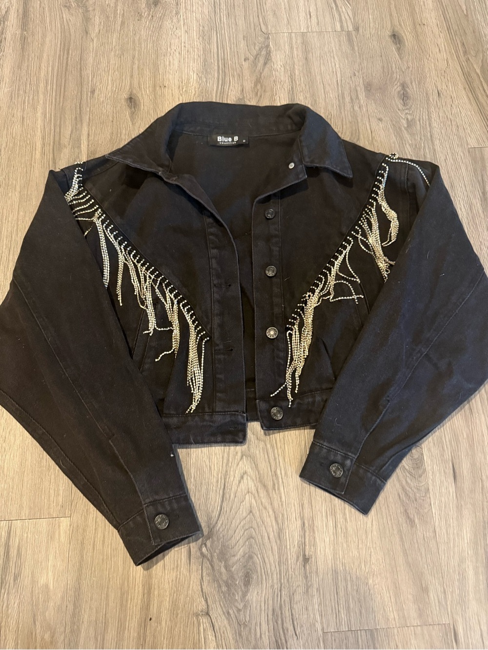 Black Denim Jacket with Metallic Fringe